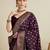 wine satin saree with zari motifs contrast border and blouse