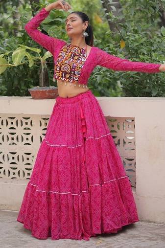 Rani Georgette Print With Embroidery Work Navratri Lehenga choli