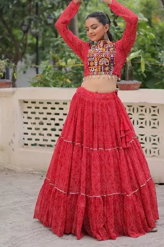 Red Georgette Print With Embroidery Work Navratri Lehenga choli