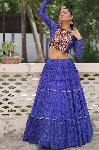Royal Blue Georgette Print With Embroidery Work Navratri Lehenga choli