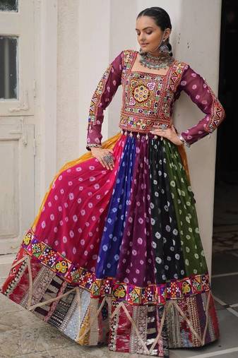 Multi Colour Georgette Print With Embroidery Work Navratri Lehenga choli