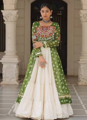 green Georgette Print With Embroidery Work Navratri Lehenga choli 1