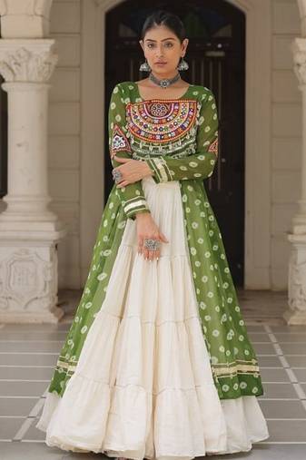 green Georgette Print With Embroidery Work Navratri Lehenga choli