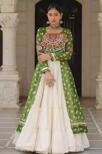 green Georgette Print With Embroidery Work Navratri Lehenga choli
