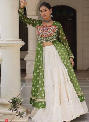 green Georgette Print With Embroidery Work Navratri Lehenga choli 3