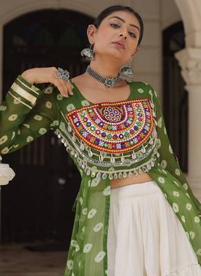 green Georgette Print With Embroidery Work Navratri Lehenga choli 4