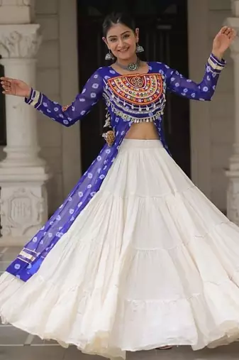 white Georgette Print With Embroidery Work Navratri Lehenga choli