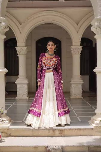 wine Georgette Print With Embroidery Work Navratri Lehenga choli