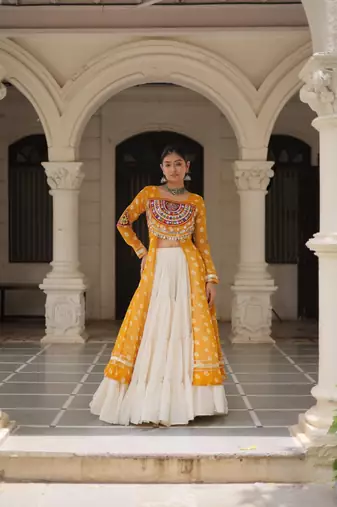 yellow Georgette Print With Embroidery Work Navratri Lehenga choli