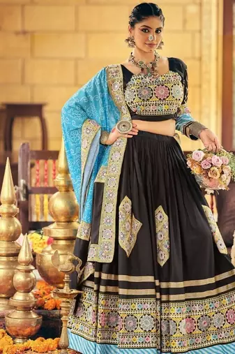 Black Rayon Embroidery Work Navratri Lehenga choli