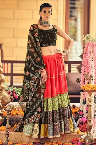 Multi Colour Cotton Embroidery Work Navratri Lehenga choli