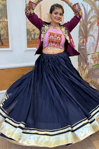 Multi Colour Rayon Embroidery Work Navratri Lehenga choli