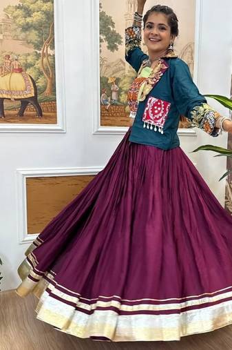 Multi Colour Rayon Embroidery Work Navratri Lehenga choli