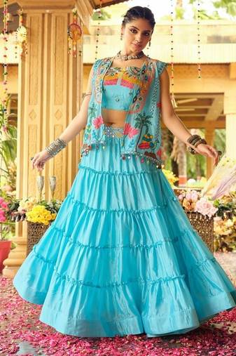 Sky Blue Chinnon Embroidery Work Navratri Lehenga choli