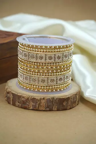 Sparkle gold & pearl studded bangle set