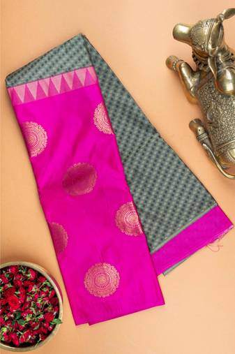 Grey and pink zari buttas half semi silk saree