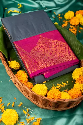 Grey and purple intricate gold zari woven semi silk saree