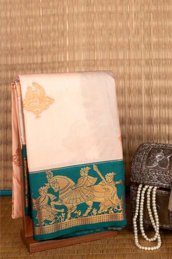 Off white teal zari motifs semi silk saree
