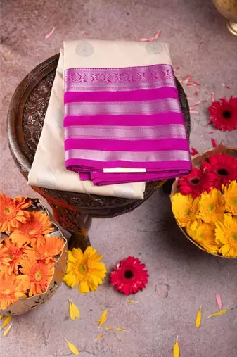 Offwhite purple woven semi silk saree
