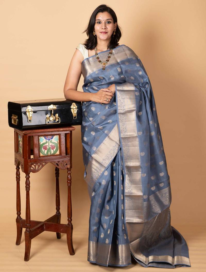 Grey silver zari kanjivaram silk saree