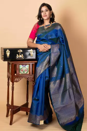 Peacock blue turning silk saree