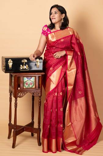 Maroon and pink golden zari detailing silk saree