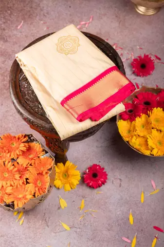 Offwhite and reddish pink semi silk saree