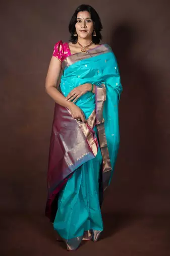 Aqua blue kanjivaram pure silk saree