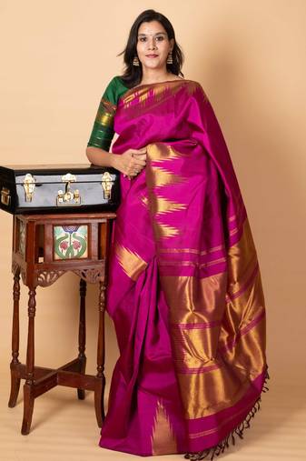 Pink pattu golden zari motifs saree
