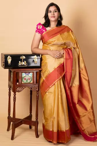 Beige gold zari soft silk saree