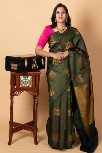 Bottle green zari motifs silk saree