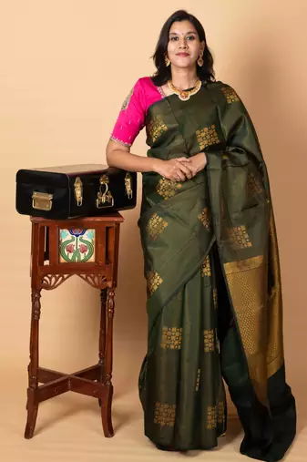 Bottle green zari motifs silk saree