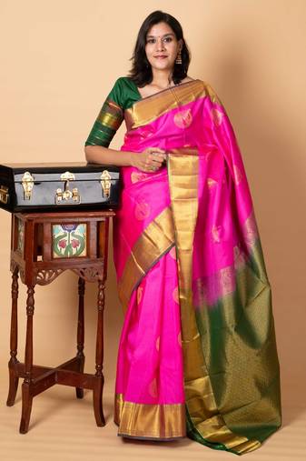 Pink and green pattu silk saree