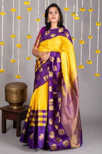 Yellow and purple pure silk saree