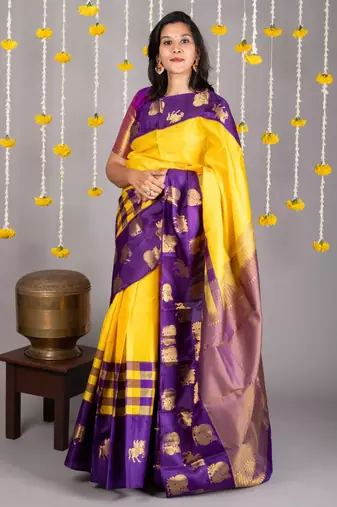Yellow and purple pure silk saree