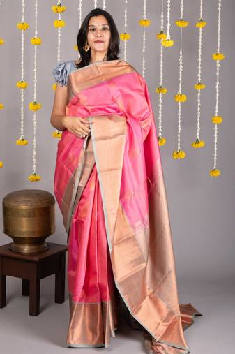Pink and grey combination silk saree