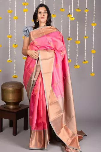 Pink and grey combination silk saree