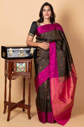 Black and soft pink pure silk saree