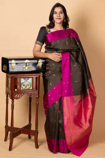 Black and soft pink pure silk saree