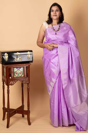 Lavender temple border pure soft silk saree with silk mark certified