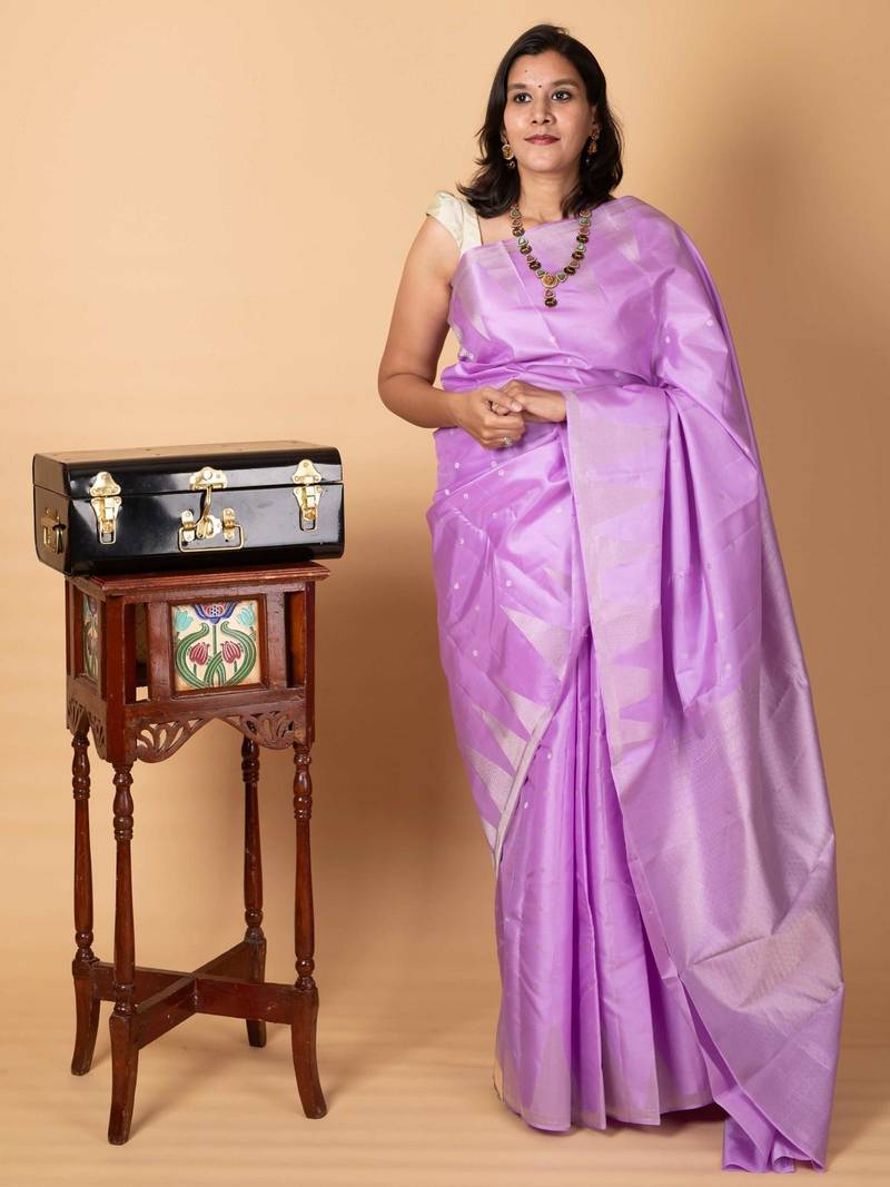 Lavender temple border pure soft silk saree with silk mark certified