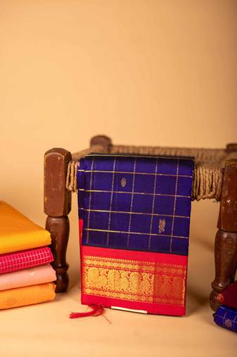 Ms blue and red pure kanchi sico saree