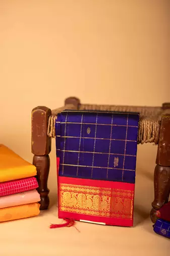 Ms blue and red pure kanchi sico saree