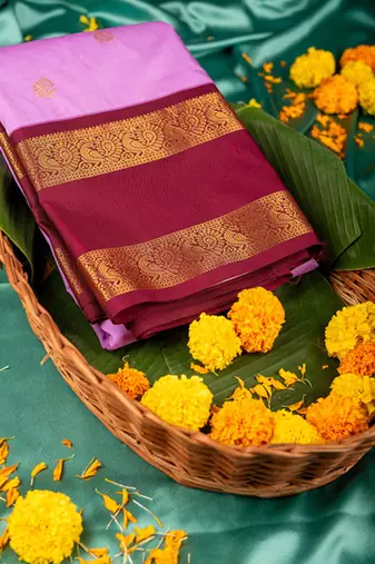 Lavender and brown soft silk saree