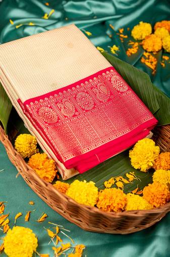 Cream and pink designer semi silk saree