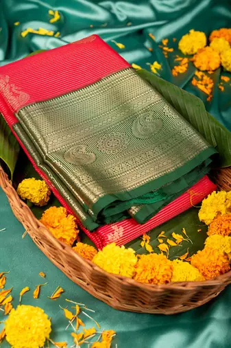 Green and pink traditional semi silk saree