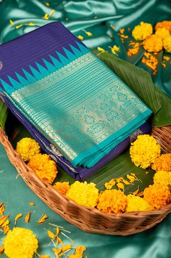 Blue gold zari work semi silk saree
