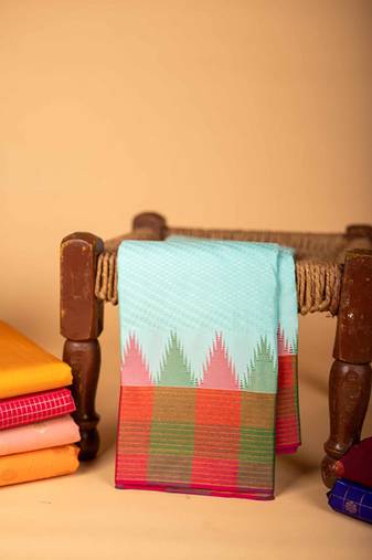 Pastel blue temple semi silk saree