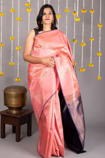 Peach zari work silk saree