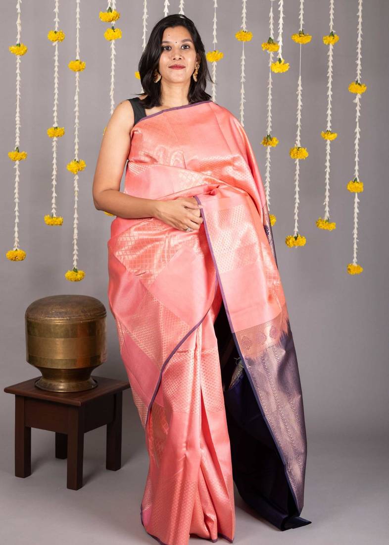 Peach zari work silk saree